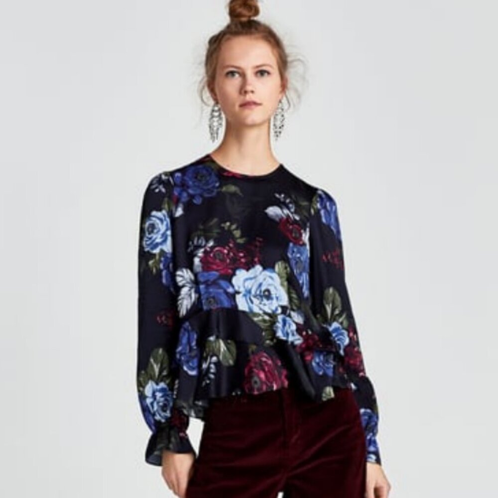 Zara Dark Navy Satin Floral Blouse